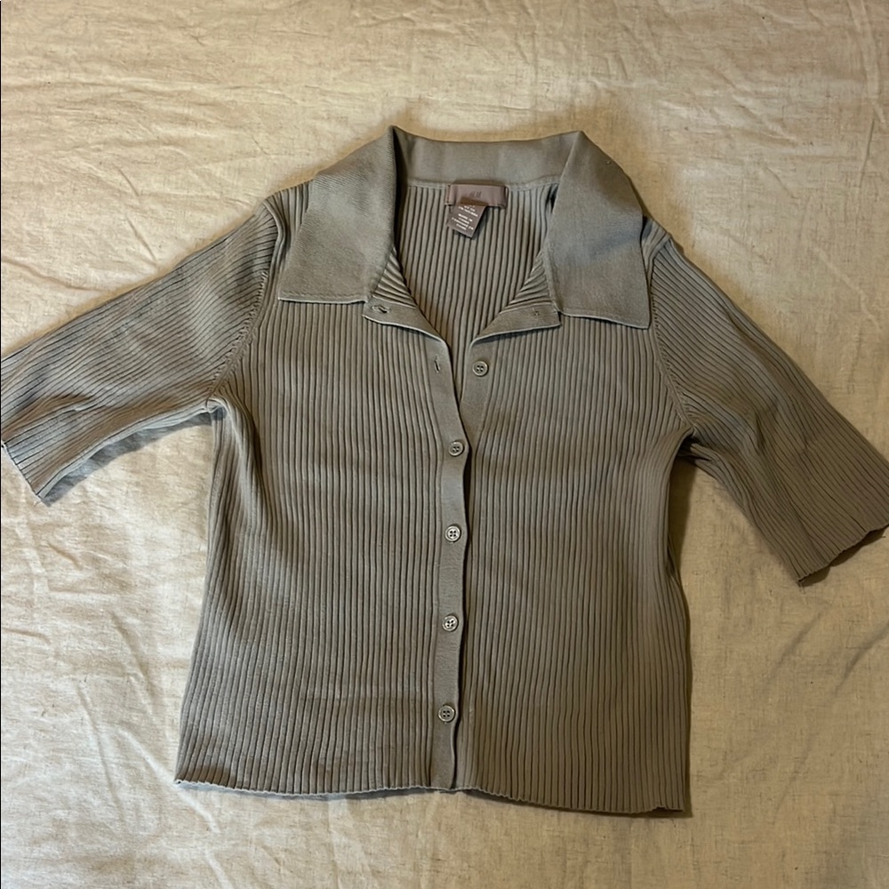 H&M Ribbed Button-Up Blouse - Taupe